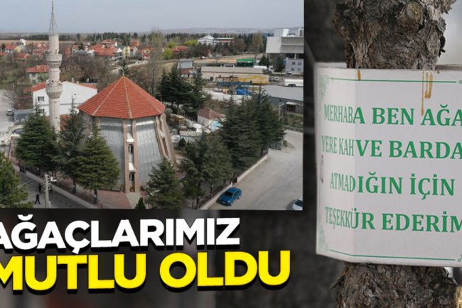 Cami bahçesindeki ağaçlara astığı levhalarla çevre duyarlılığına dikkati çekiyor