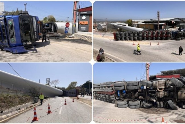 Çanakkale'de rüzgar türbini pervanesi taşıyan tır devrildi