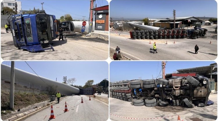 Çanakkale'de rüzgar türbini pervanesi taşıyan tır devrildi