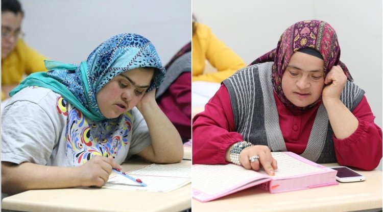 Kur'an okumayı öğrenen down sendromlu Elif ve Fatma hatim indirdi