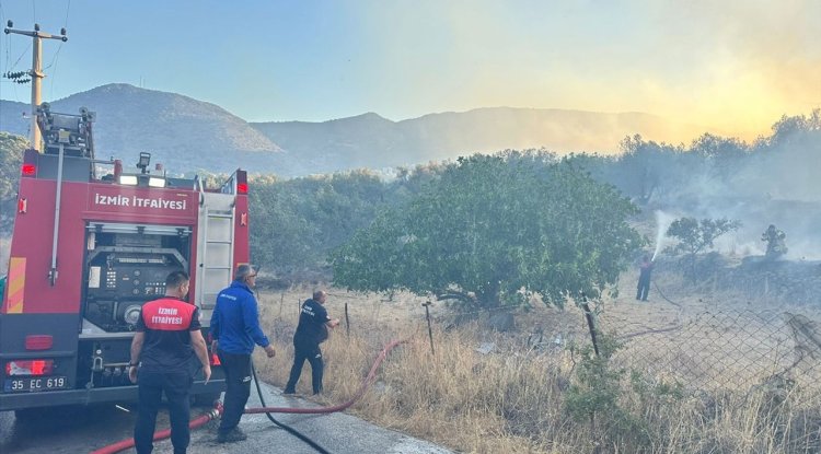 İzmir Dikili'de sitede çıkarak makilik alana sıçrayan yangına müdahale ediliyor