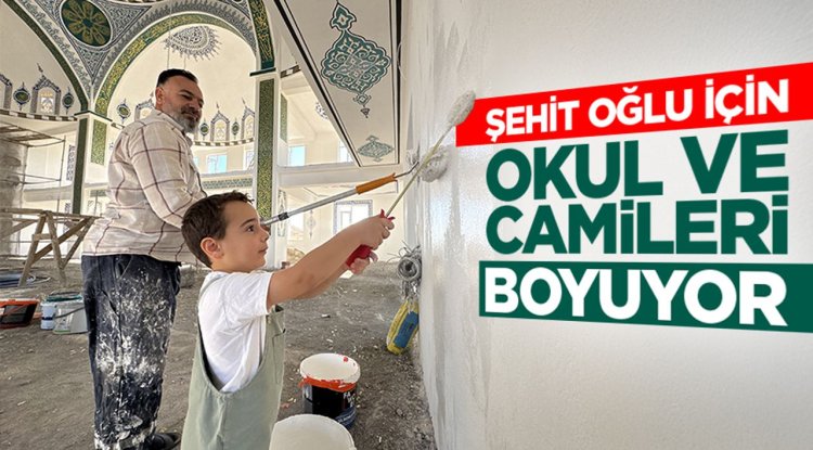 Şehit oğlunun hayrı için okul, cami ve Kur'an kurslarının boya işlerini yapıyor