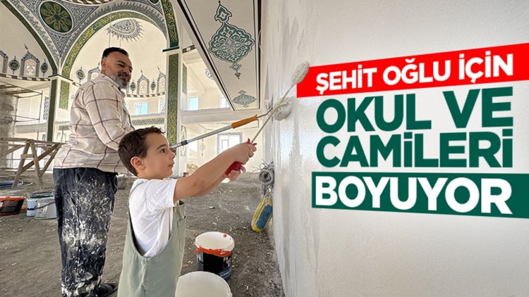Şehit oğlunun hayrı için okul, cami ve Kur'an kurslarının boya işlerini yapıyor